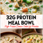 Bowl of High-Protein Chicken Pot Pie Soup filled with tender chicken and veggies for Healthy Soup Recipes Chicken and Simple Clean Dinners.